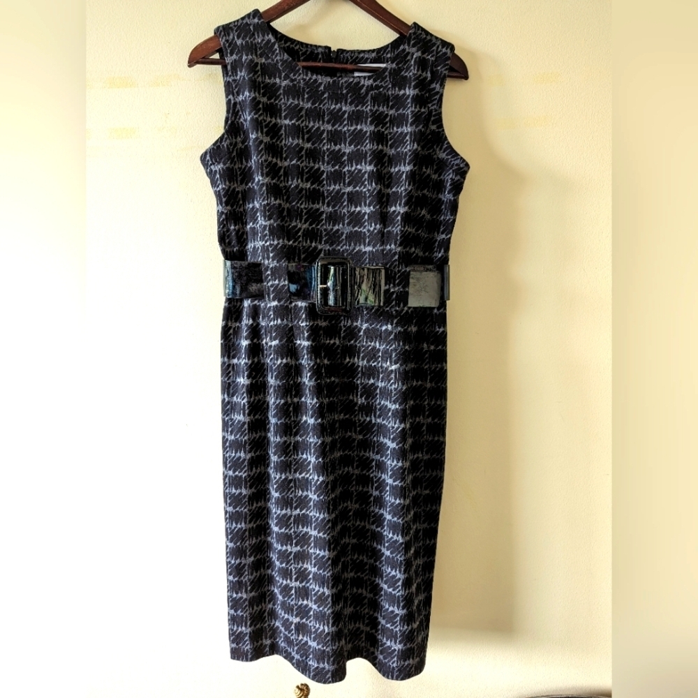 Calvin Klein elegant gray geometric pattern belted smart work dress size 8